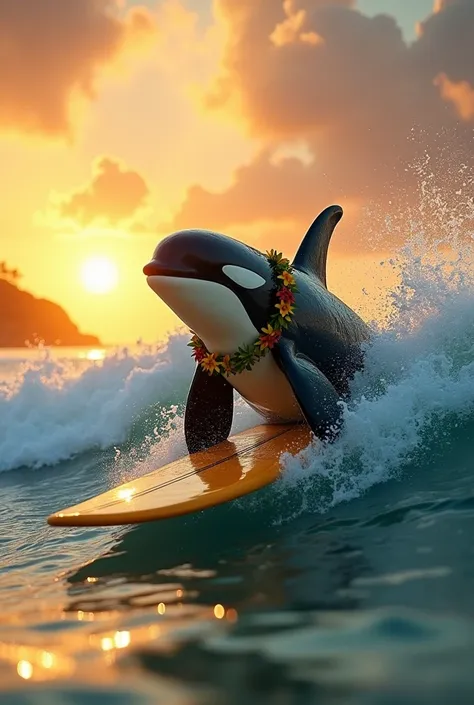  Create a video that is as realistic as possible, of an orca with a Hawaiian necklace , em pé em uma prancha longboard 9'8", Yellow and orange ,  riding a tube in a wave to the left on a paradisiacal beach with the sun rising in the background.