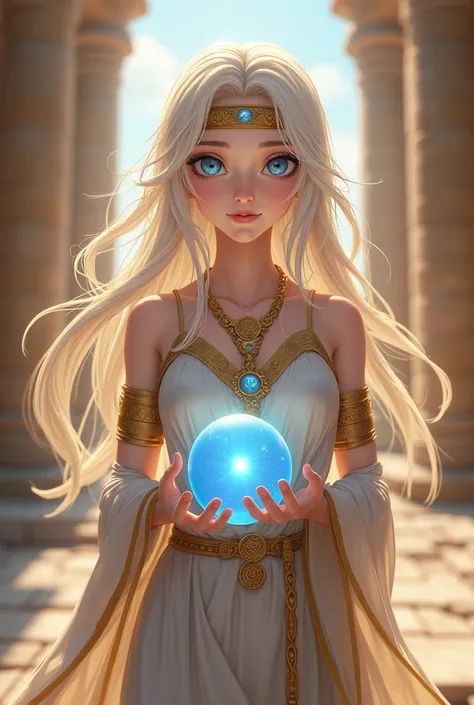  "4K anime style quality, digital drawing mode, Greek mythology-themed anime female character, ethereal white hair with golden threads, prophetic blue eyes, wearing a flowing toga with oracle symbols, holding a crystal ball, Blur the background to create a...