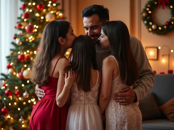  HEIC photo of an Arabic mother and father with their beautiful fat Arabic young daughters,    are posing in front of a Christmas tree in the living room . .   fat ass . Father Touches Daughters' Butts  .   Daughters in transparent lace Chinese mini dresse...