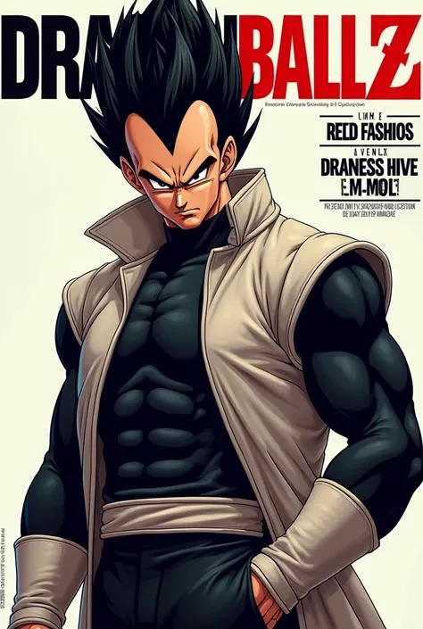 Create a fashion magazine cover with vegeta from dbz hyperrealistic as the protagonist of the cover and with background texts as if it were a real magazine