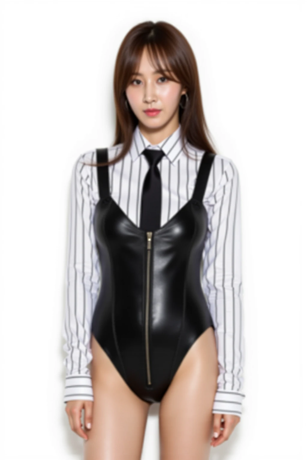 Idol, (( Very Detailed  검은 가죽 바디슈트)),  Ultra High Definition,  Very Detailed , black leather bodysuit,  white background,  bright lights,White striped shirt ,  tie,  big pelvis,  big boobs, pictorial, Looking at the audience,  big pelvis