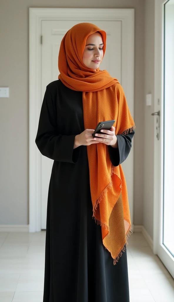 a Pakistani woman standing , holding a phone in her hand. wearing a orange sparkly chiffon duppatta hijab and black abaya, which a traditional Muslim garment covering her face and upper body. The abaya is long and flowing, covering her head and shoulders. ...