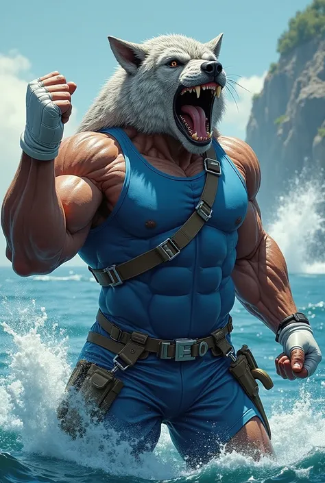 (A rugged beefy extremely muscular bulky old man), (wearing blue fully-zipped fullbody wetsuit with short swimming pants that show his muscular thighs), (wearing realistic roaring wolf mask), raising fist, wearing white bulky harness, wearing bulky scuba g...