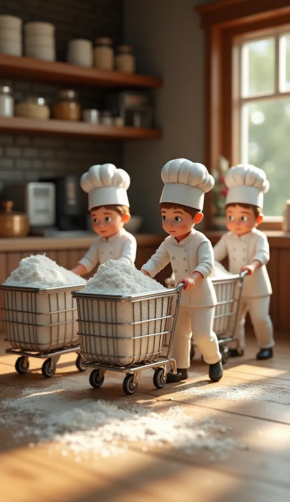 "An ultra-realistic render of tiny people working in a bakery, pushing miniature, metallic carts filled with sugar and flour. The texture of the flour spilling slightly from the bags and the shine of the sugar crystals are intricately detailed. The charact...