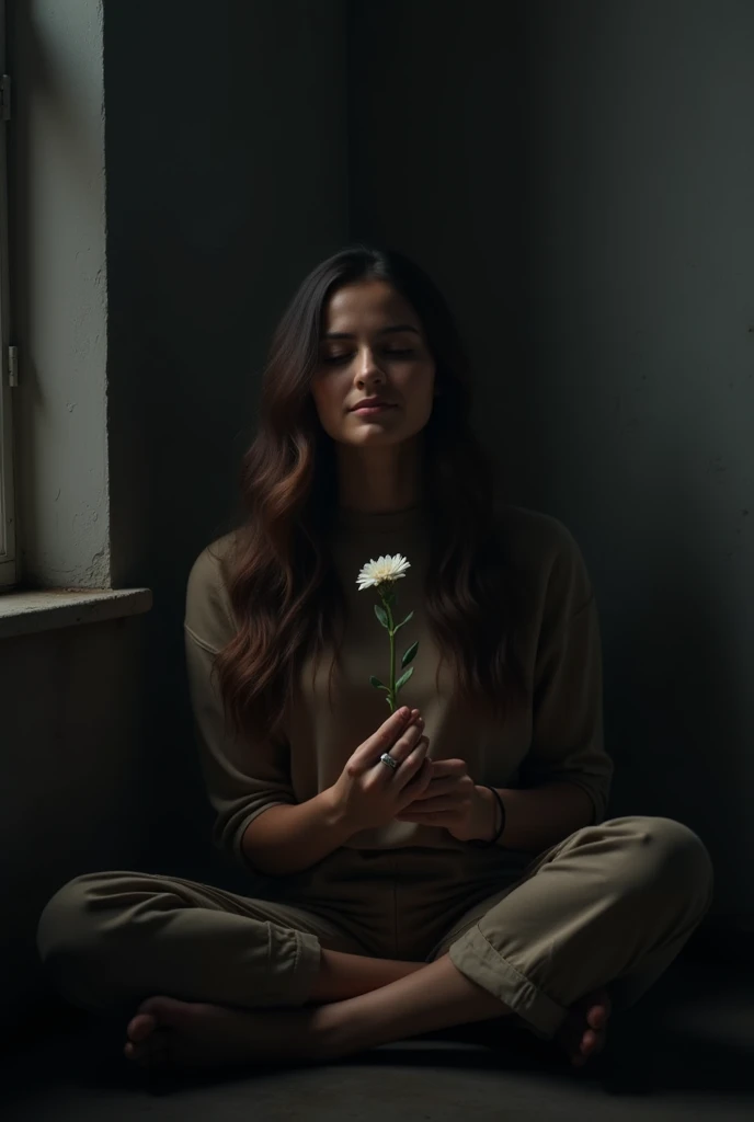  A picture of a person sitting in a dark environment, with gray walls and closed windows .  However,  the person is holding a small white flower ,  that is blossoming and illuminating the environment .  The person's expression is one of peace and serenity ...