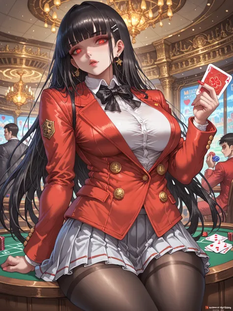 masterpiece,best quality,highres,hmjy1,long hair,blunt bangs,red eyes,school uniform,red jacket,blazer,pantyhose,white shirt,black ribbon,pleated skirt,cowboy shot,indoors,casino,glowing eyes,sitting,poker table,holding card,