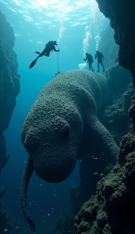 "A massive sea creature, covered in millions of parasitic barnacles, struggling to swim in the deep ocean. The barnacles have formed thick, crusty layers over its body, making it look weak and exhausted. Nearby, a team of marine rescuers, including a deter...