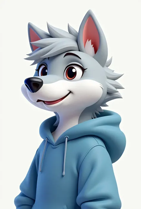  A logo  (furry), light gray hair ,  wearing blue sweatshirt.