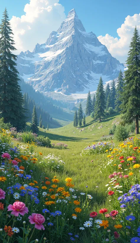 Realistic ground fill with flowers and mountain should be on the background 