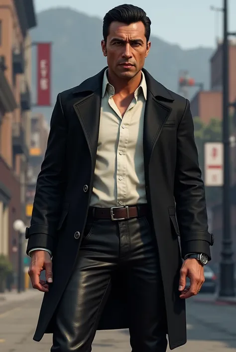 Create a handsome male GTA 6 character aged 42 years old wearing leather pants, boot a white shirt inside the pants, belt and a black overcoat.