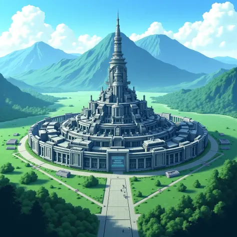 anime art,  full body, Metal Fortress, Base, distant view ,  with walls around, technological and advanced,  futuristic style , in the middle of a green field with mountains behind it,  from the front, Giant Fortress,  with several buildings inside,  archi...