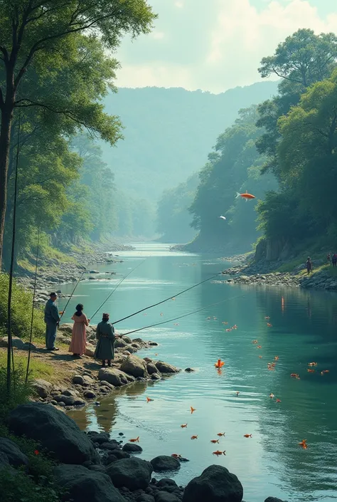 A picture of a river of water, so there are people who are throwing fish