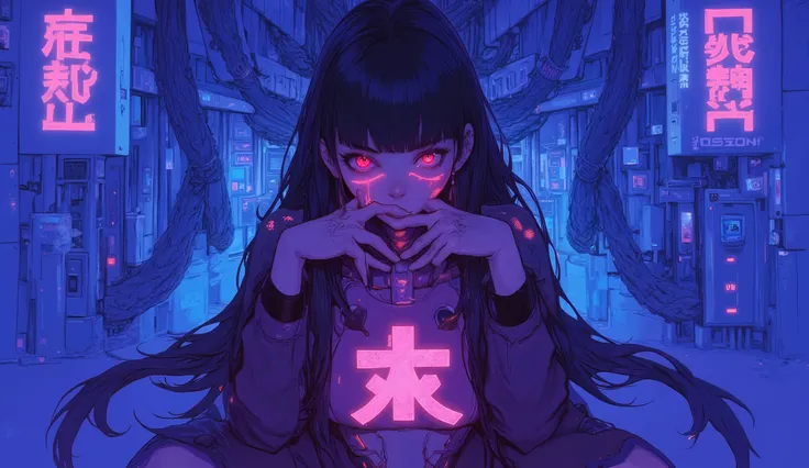  top quality　Ultra delicate　 Japanese Anime Anime　 one pretty girl　Pink light　blue-purple scenery 　Strong shadows 　 strong contrast 　 cyberpunk　Big Breasts 　 twin tails on legs　 twin tails on legs 　Awakening　Eyes That Glow in the Dark 　Awakeningした　Cover yo...