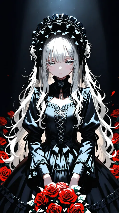  high quality， long silvery hair，Messy Hair，
 Half Closed Grey Eyes ，silver hair lashes，
 very young girl  ，   1 girl，
 Black Gothic Lolita  ，  Black Headdress ，
 dark room background ，Dancing Red Roses ，