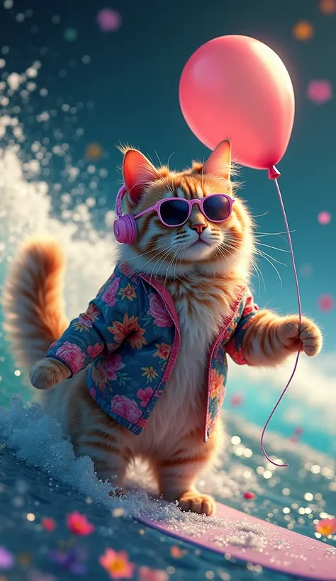   surfing the waves in vibrant collage fashion、 A magnificent full body view of a very adorable and enchanting iridescent fluffy bold flowered hipster Burmese cat,  creating a retro vibe in a polychrome dreamscape. Pose with a balloon,  texture ーのある毛皮,  ph...