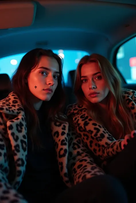 A girl and a guy are sitting in the car , inside a beige car interior with blue neon lights, The guy is thin, with fair skin, dark brown long hair and an earring in the form of a small cross in the left ear,  boy 16-,  he is wearing a leopard coat and blac...