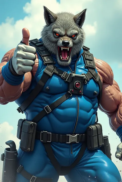 (A rugged beefy extremely muscular bulky angry old man), (wearing blue fully-zipped fullbody wetsuit), (wearing realistic roaring wolf mask), thumbs up pose, wearing bulky harness, wearing bulky scuba gear, muscular physique, toned muscles, fierce, heroic,...