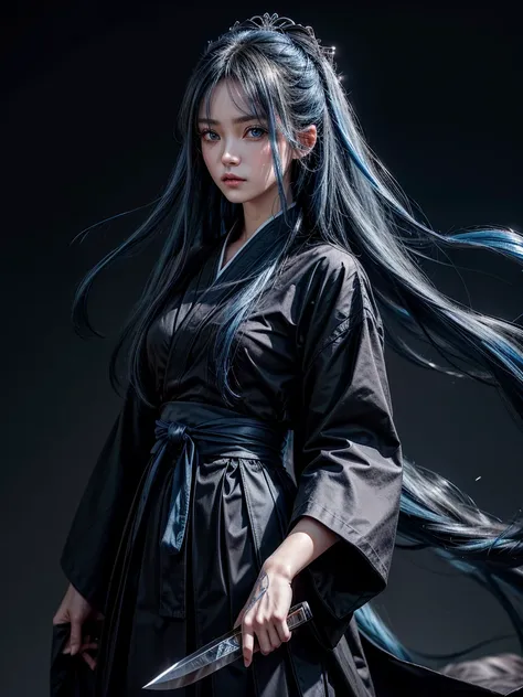  high image quality、　beautiful、Black Hakama、 crystal blue eyes、Long Blue Hair、 beautiful、Beauty、knife、 super detailed、 Fantastic、Melancholy 