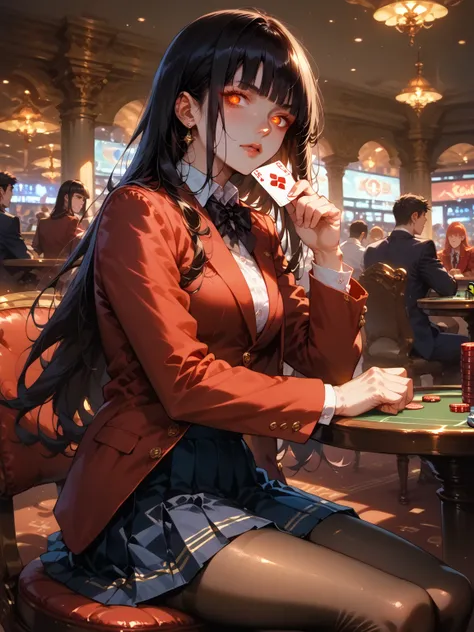 masterpiece, best quality, highres, 1girl, long hair, blunt bangs, red eyes, school uniform, red jacket, blazer, pantyhose, white shirt, black ribbon, pleated skirt, cowboy shot, indoors, casino, glowing eyes, sitting,poker table, holding card