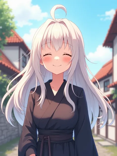 Female Anime Character, closed eyes, big smile, white hair, dark robe, 2D Anime, town, face shot