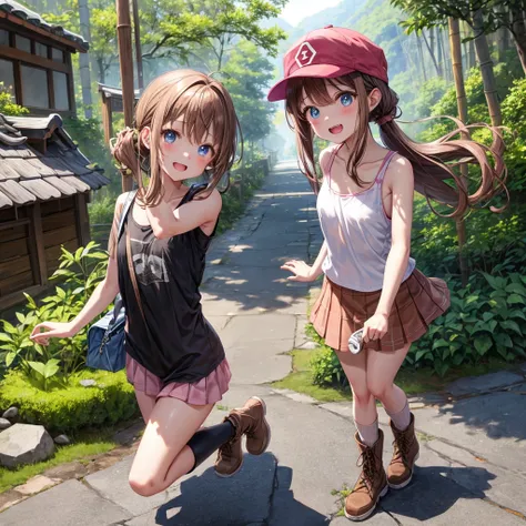  pink brown brown hair、  blue eyes、  Has hair tied  、Two cute people、  check mini skirt、  black t-shirt、 Light clothing、  tank top、  camisole with thick pubic hair、 high socks、 Boots、 teeth inside、The stone is cracked、  The Road Is Crooked 、Mountain々、Stick...