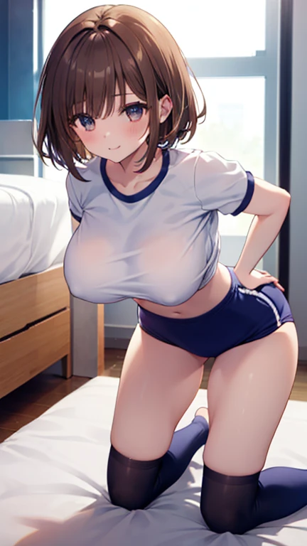 (masterpiece、highest quality、detail))、one girl、 brown  hair、twin tale,Naughty smile、、((big breast))、(( gym uniform at the sports square))、 location is bedroom 、 she is standing on all fours with her back and butt facing the viewer、Short sleeve、she is fixin...