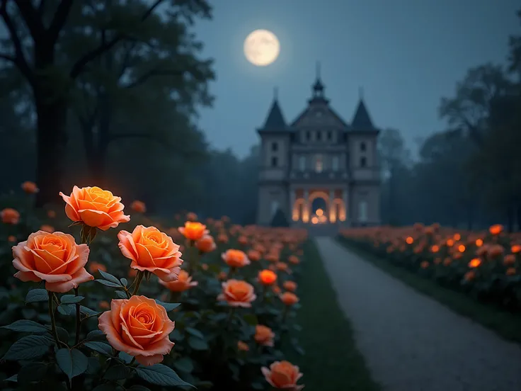 orange roses at night, Rosengarten , dark estate far away, park