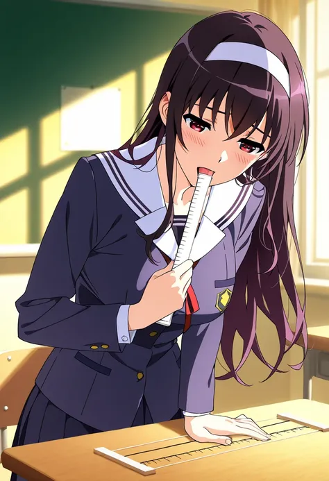 8k resolution ,master animation illust,master piece, best quality, 1girl ,Kasumigaoka Utaha, sagging body, school uniform , hair ornament , measurement ruler licking , in classroom , torogao