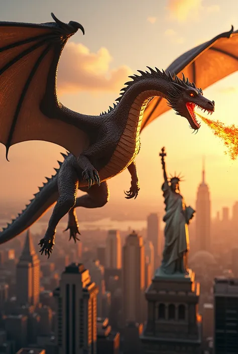 A dragon flies over New York City, breathing fire, then stops over the Statue of Liberty