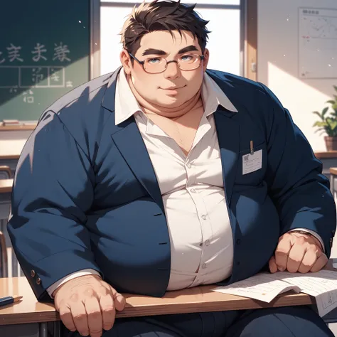 obese fat man,solo ,male focus ,Japanese,rimless glasses,middle ages,teacher,chubby face