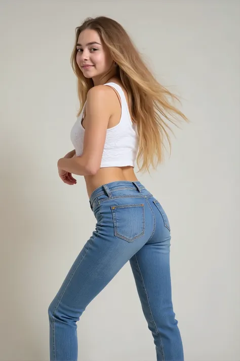 one young girl, posing, full body, wearing tight jeans, wearing cute shirt, blond, high resolution