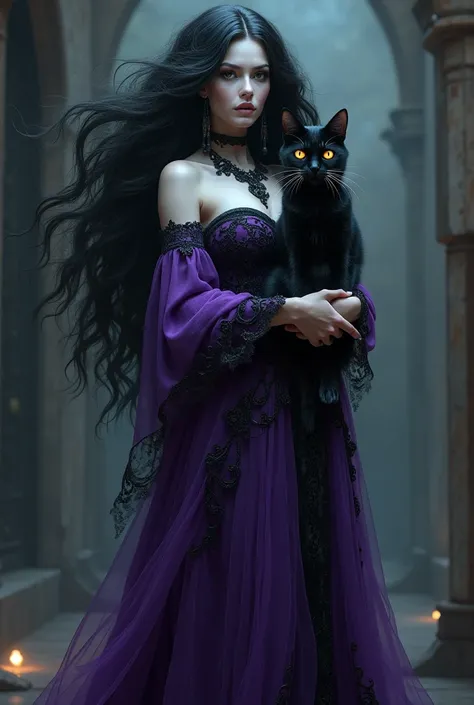 A white woman with big black hair in a purple dress with a witch vibe holding a black cat 