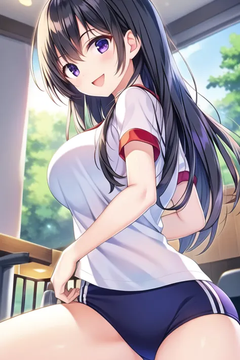 ( ã), (  in the seat), ( black hair),  ( Group), (  D cup breasts ), (smile), (:d), ( Intricate iris detail), ( Gym Clothes),  location is bedroom ,(  white shirt ), with your back turned to the viewer, (  staring closely at the viewer ), (thigh), (  backl...