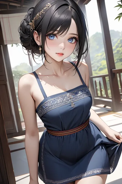  super realistic, 1 girl, ultra detail, High Resolution, Masterpiece, High Quality, Super Detailed, rambut belah tengah, rambut hitam, blue eyes, short dress, Collarbone, bahu, paha, 