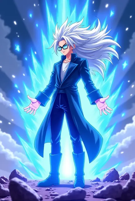 Gojo Satoru in an active 3D style, wielding the Infinity Power. The image has a blue glow surrounding him and a great deal of power. His long white hair is blowing in the wind and his blue eyes are shining brightly. He wears dark glasses and stands on a gr...