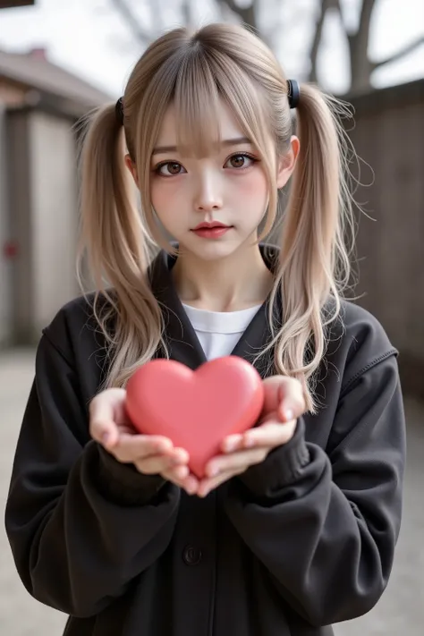 A Japanese university girl\(harf open eyes,wavy mouth,embarrassed,light head steam,sweatdrop,lovestruck,school sailor,put on black duffel coat \),arrow through heart,school sailor, arms outstretched,BREAK,1arms only human,from front,both hand\(Holding a he...