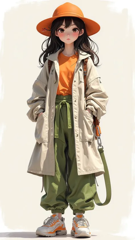  Beautiful one wearing modern street clothes Girls。 Wearing a warm shade orange hat T-shirt ， Wide cotton jacket with green belt pocket ， Bright orange pen-hat 。 Girl standing in a light pose ， Confident and calm expression 。Simple illustration style ， Cle...