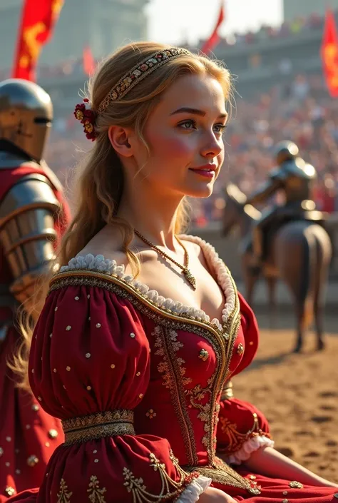  Beautiful young woman. Dressed in a rich , medieval dress, Sits at a jousting tournament