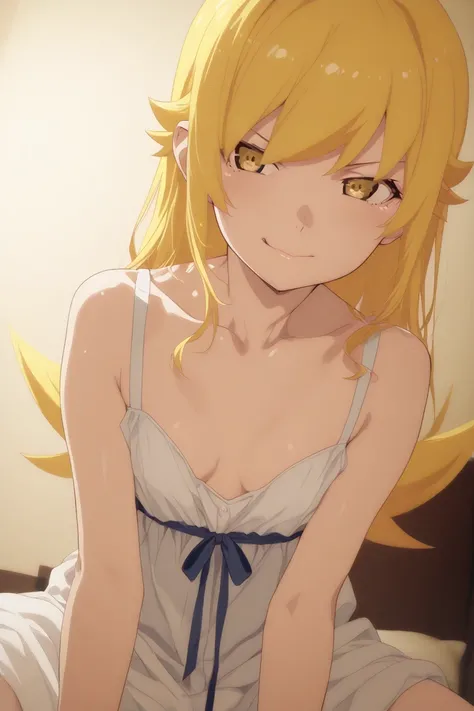 （ high quality）（ Masterpiece） blonde　Shinobu Oshino　Kiss Shot　 bed　Breasts are modest small breasts　Slender room　Only the head comes out of the shadows　Thoughtful face　