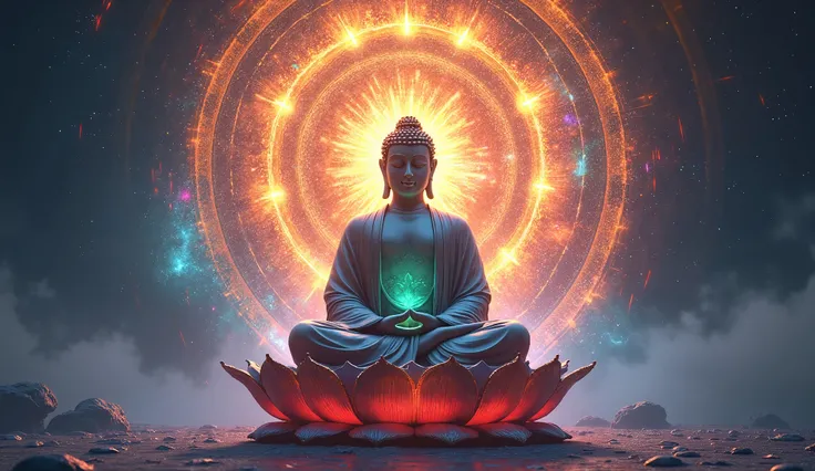 (photorealistic:1.37), (best quality, 8k, ultra-detailed, realistic, masterpiece:1.2), Buddha in a yoga position, surrounded by a vibrant light spectrum with the seven chakras mandala around, extremely detailed Buddha face, ornate lotus flower throne, radi...