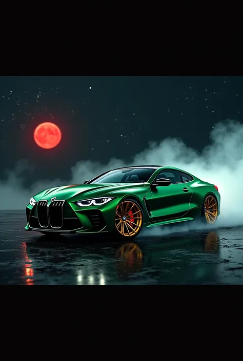 A green bmw car with golden wheel and golden front indicator light with dashing 45°angel looking like drifting on a extremely derk night with dark red moon and star light 