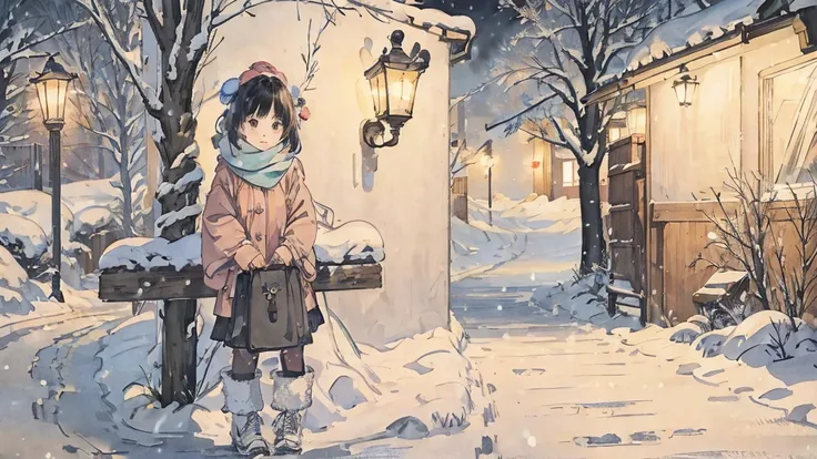  Winter Night  、Street lamp、girl waiting for someone、 nostalgic、snow、 standing