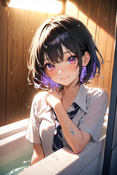 1 girl, (cute face), short hair, (cheerful expression), (drenched hair), small breasts, slim, (wearing a school uniform with a tie), inside a bathroom,  
BREAK  
dark room, blacklight, bathtub, (water droplets on skin:1.2), (leaning against the tub:1.2)  
...