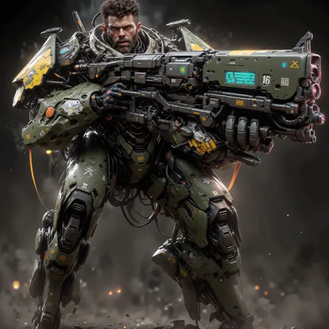 Male, short cropped brown hair, Hazel Eyes, Wearing an Olive Green Heavy Exo Skeleton Powered Armor, Holding a large rifle in his hands