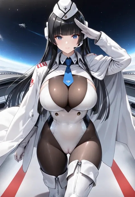 ((masterpiece)),((UHD)),((8k)),((fantasy art)),(solo),1girl,((walking)),((space battleship Command Bridge)),salute,perfect face,game cg,((white very short military jacket coat cloak)),(((Garrison Cap))),((hime_cut)),((black hair straight long hair)),(sideb...