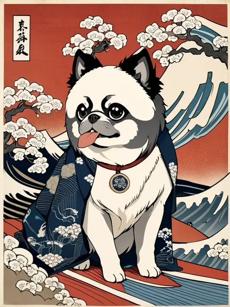 ukiyo-e,  Super Complex High Details ,   beautiful traditional Japanese culture, Pekinese (dog)