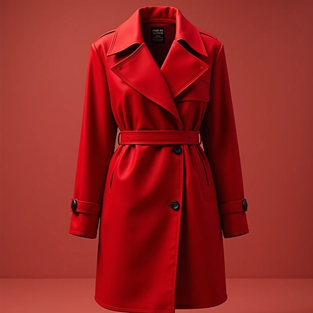 a bright red statement coat with oversized buttons, belted waist, structured silhouette, product photography, no human, solid background, (best quality,4k,8k,highres,masterpiece:1.2),ultra-detailed,(realistic,photorealistic,photo-realistic:1.37),HDR,UHD,st...