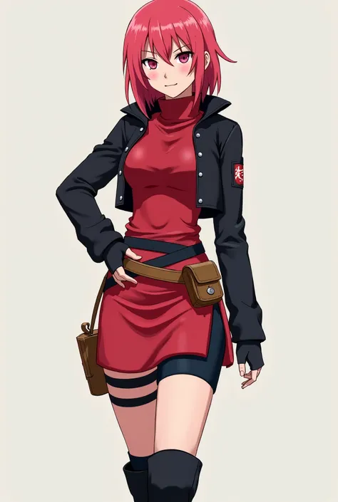 Sakura haruno, athletic build, wearing a red combat ninja dress that ends mid thigh, black belt at the waist, with black shorts underneath, brown item pouch attached to belt, black knee high boots, and a black long sleeved cropped jacket