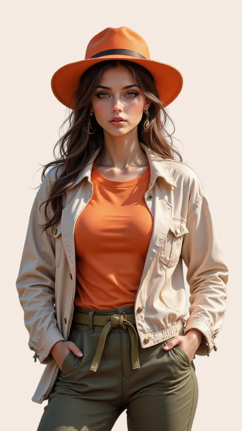  Beautiful one wearing modern street clothes Girls。 Wearing a warm shade orange hat T-shirt ， Wide cotton jacket with green belt pocket ， Bright orange pen-hat 。 Girl standing in a light pose ， Confident and calm expression 。Simple illustration style ， Cle...