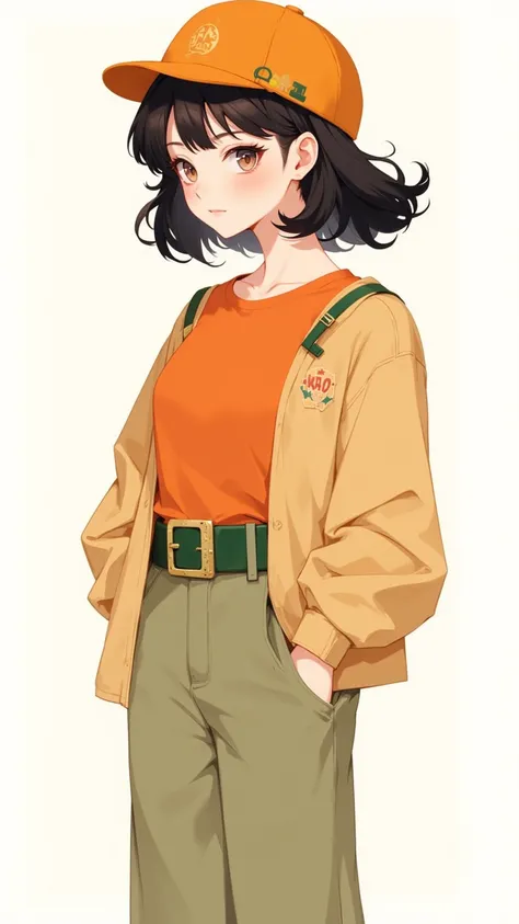  Beautiful one wearing modern street clothes Girls。 Wearing a warm shade orange hat T-shirt ， Wide cotton jacket with green belt pocket ， Bright orange pen-hat 。 Girl standing in a light pose ， Confident and calm expression 。Simple illustration style ， Cle...